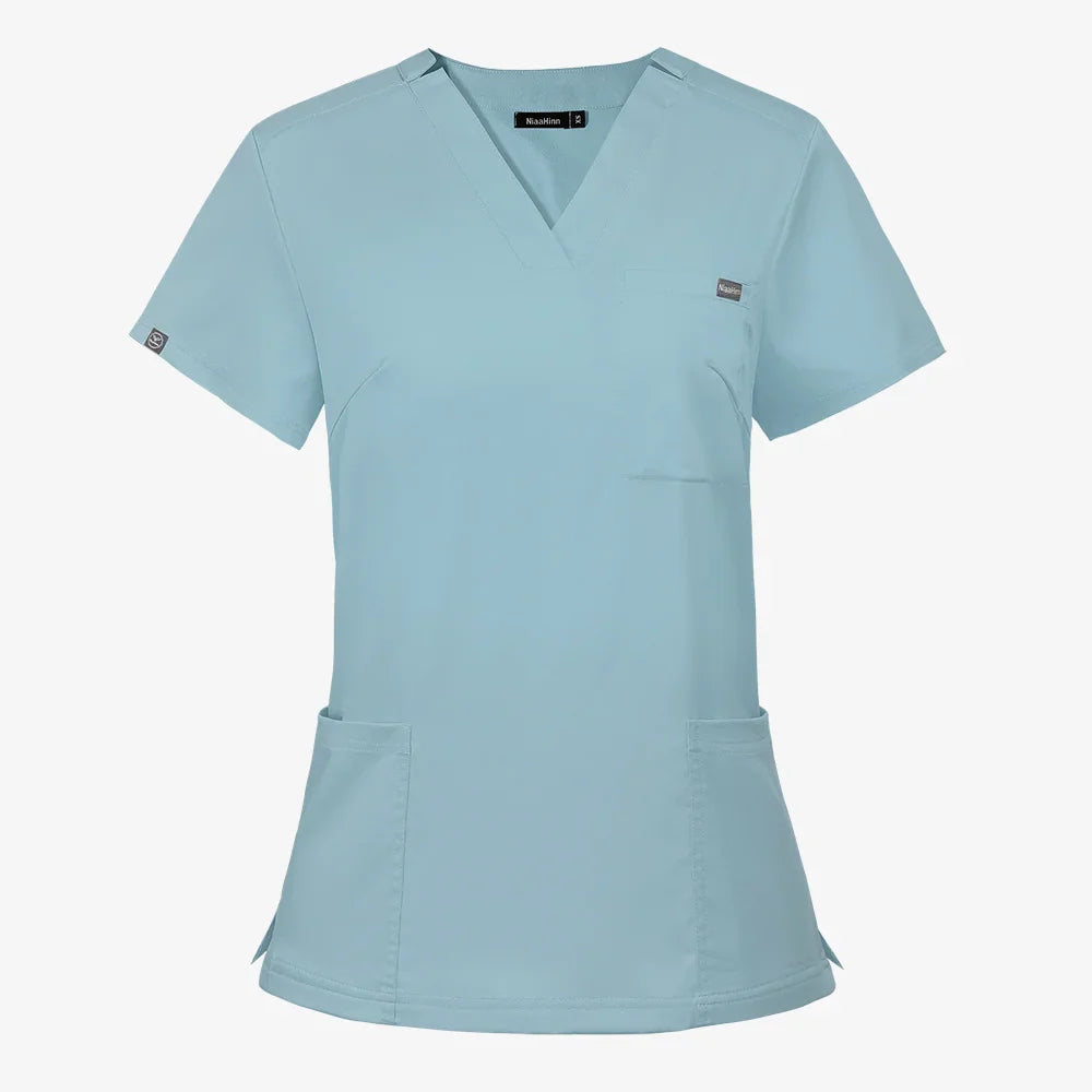 Hospital Nursing Uniform Surgery Scrubs Tops Women Short Sleeved Shirts Dental Clinic Workwear Nurse Blouse Doctor Clothes Black