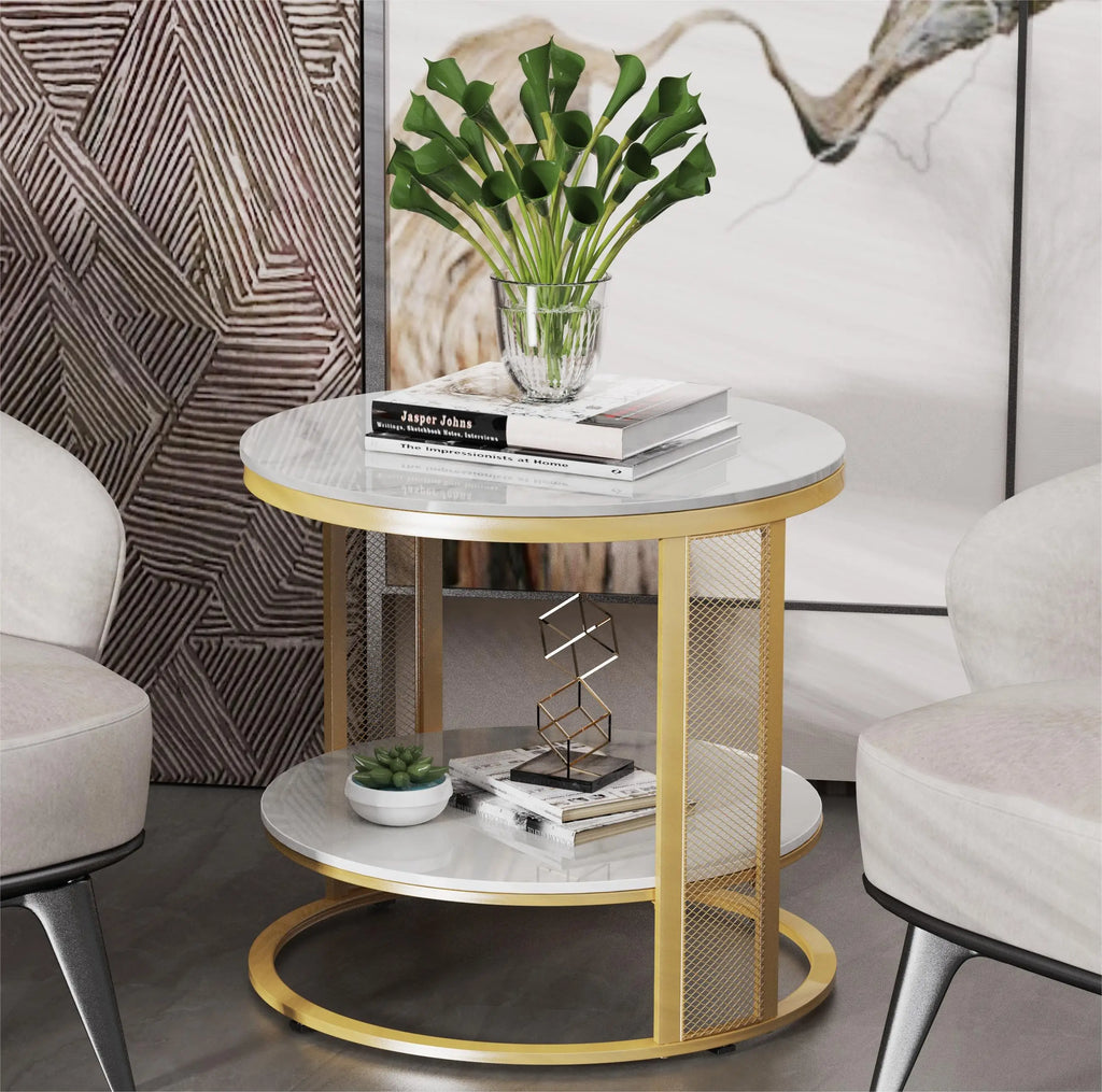 Marble Effect Coffee Table, Large Sofa Side End Table, Golden Metal Frame, 2 Tier, Home Living Room Furniture