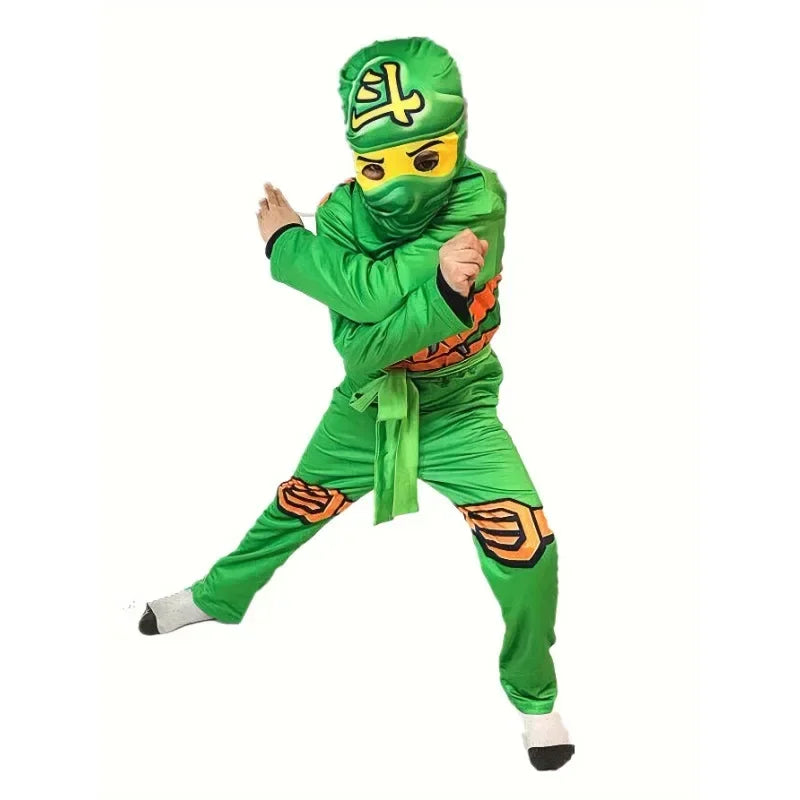 Boys Japanese Ninja Onesie Play Costume Printed Green Cartoon Anime Mask Costume Japanese Samurai Fork Halloween Dress Up Party