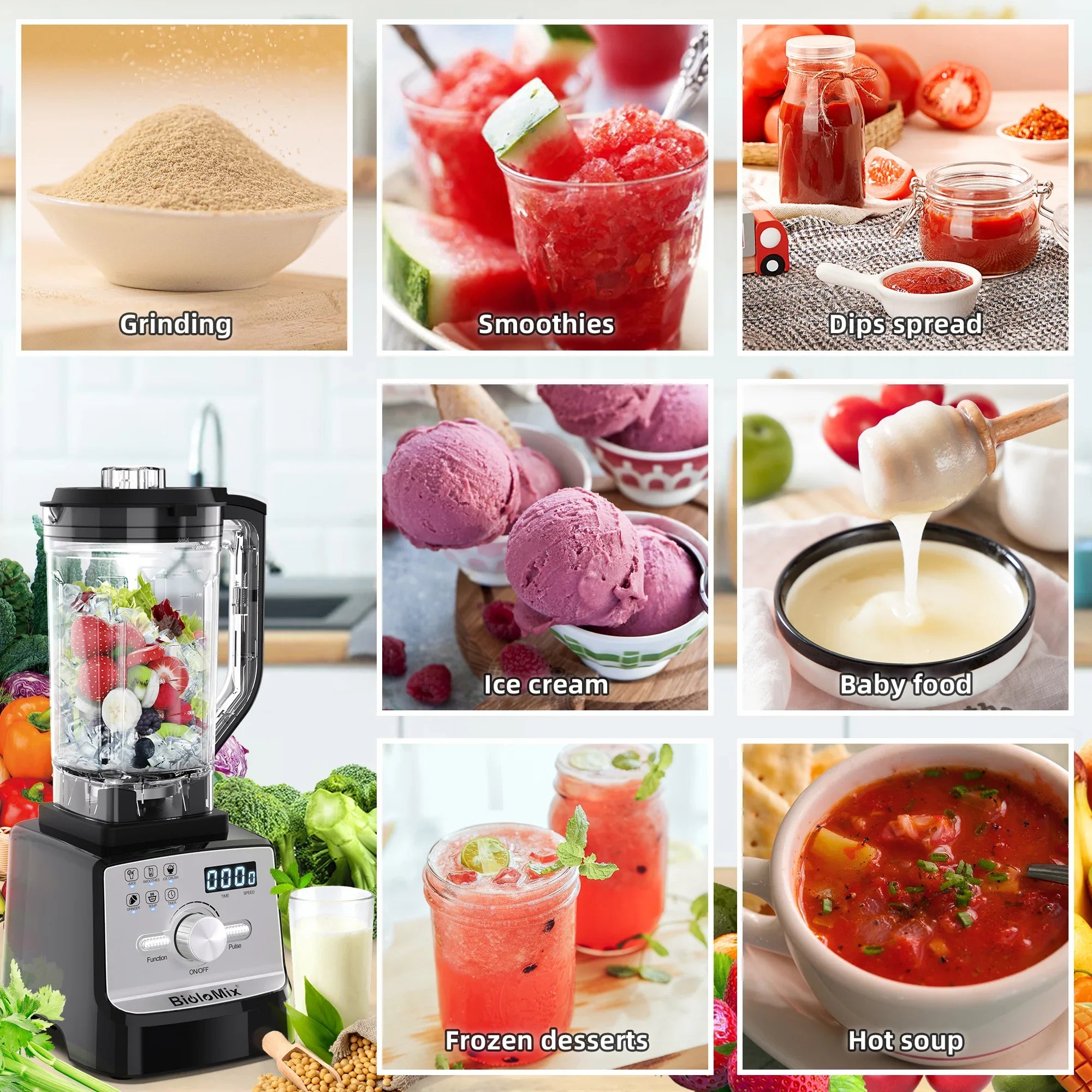 BioloMix Professional Blender Smoothie Mixer with 2L BPA Free Pitcher, Smart Timer And Pre-programed Peak 2200W Power Mixer