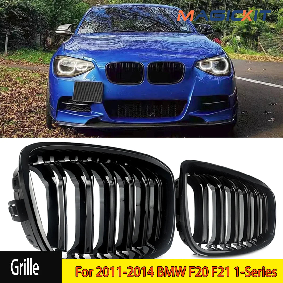 For 2011-2014 BMW F20 F21 1-Series M Look Kidney Grille Grill Gloss Black Twin Bar CAR Accessories