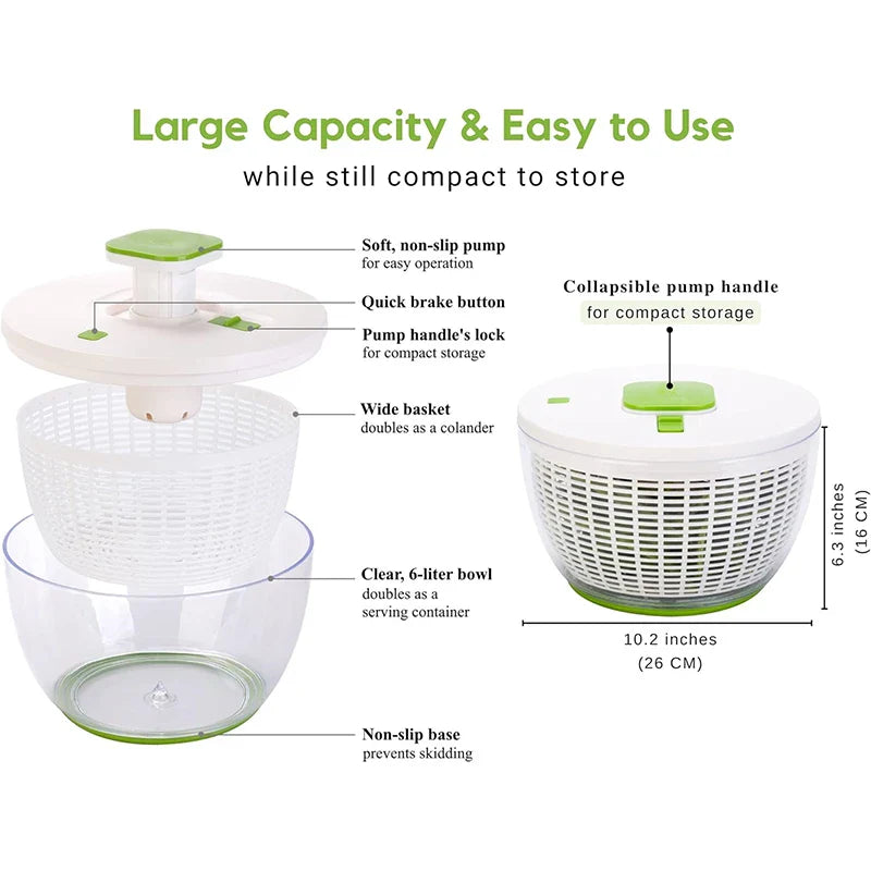 LMETJMA QuickPush Salad Spinner Large 6.3QT Vegetable Washer Dryer Strainer Drainer with Drain Salad Bowl and Colander JT400