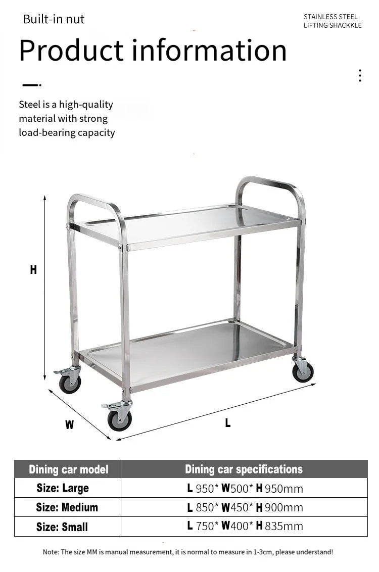 Stainless Steel Cart with Thickened Three Layers- Kitchen Utility Cart for Serving  Collecting Dishes Multi-functional Trolley
