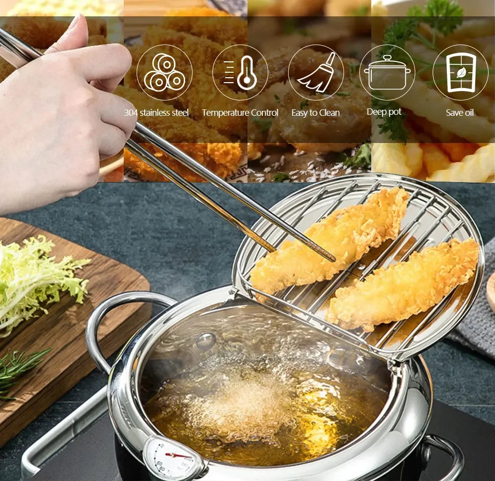 Japanese Deep Fryer With Thermometer and Lid 304 Stainless Steel Kitchen Tempura Fryer Pan Fryer Without Oil Frying Pan Fryer