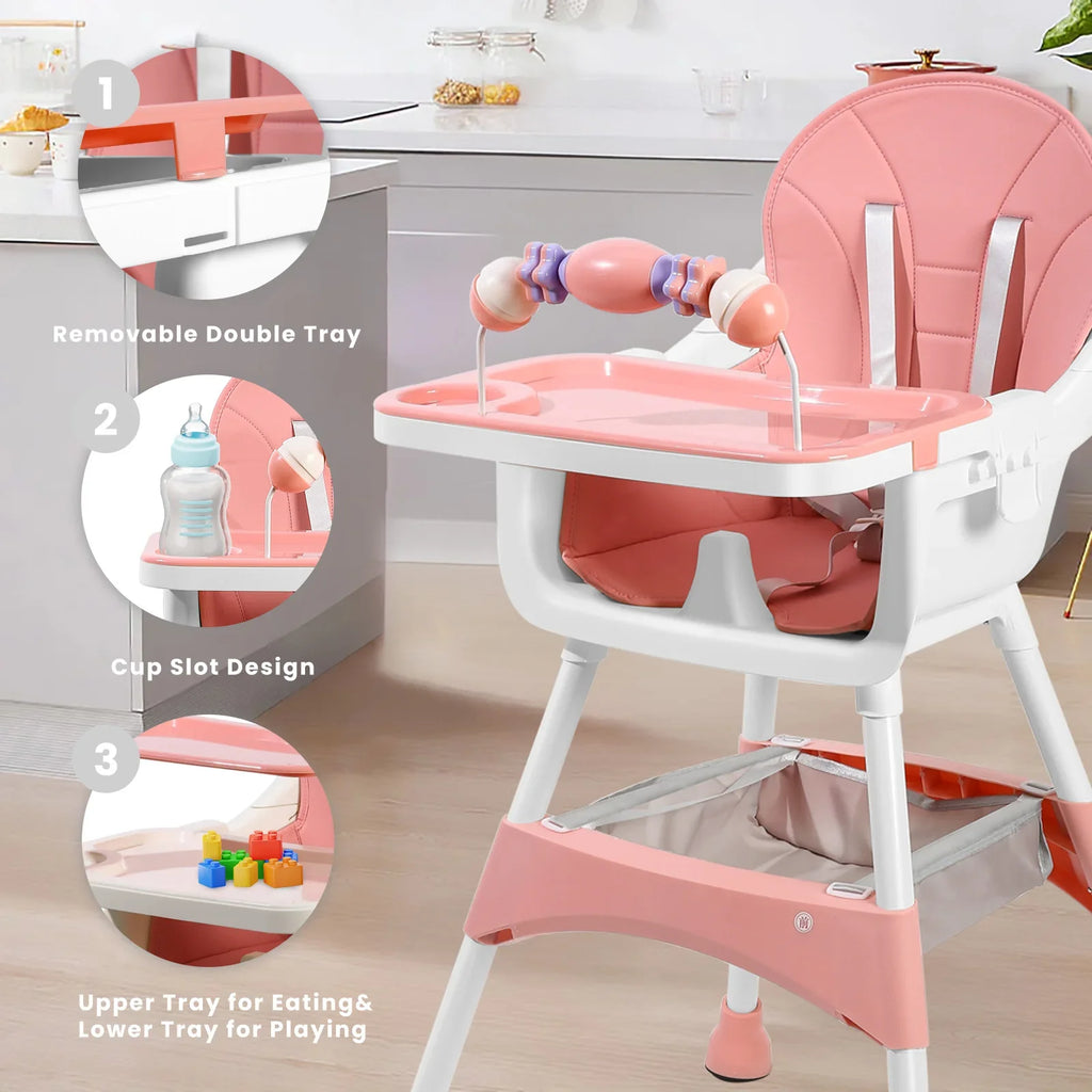Baby High Chair, Portable Baby Dining Chairs Eat & Play Convertible High Chair with Double-Layer Dinner Plate and Toy Rack