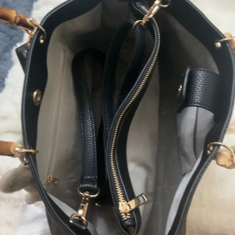 Large Capacity Black Tote Bag Women High Quality Soft Comfortable Leather Bamboo Handle Handbag Minimalist Fashion Female Bags