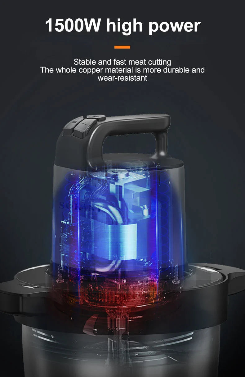 1500W 6.5L Stainless Steel Kitchen Meat Grinder 3 Gears Powerful Motor 4-Layer Blade Vegetable Crusher Onion Garlic Grinder