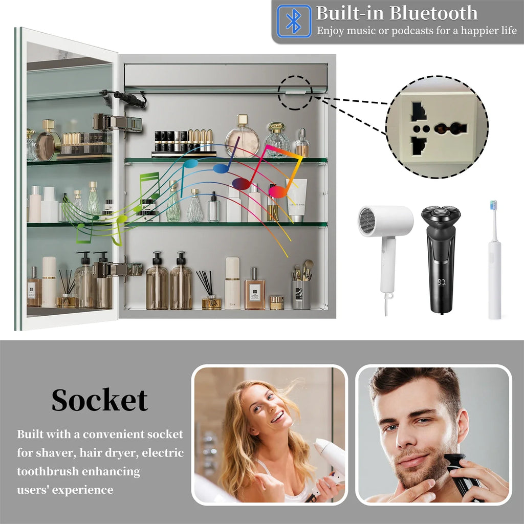 60/70CM Illuminated LED Wall Mirrored Bathroom Storage Medicine Cabinet with Shaver Socket, Bluetooth Speaker Anti-Fog