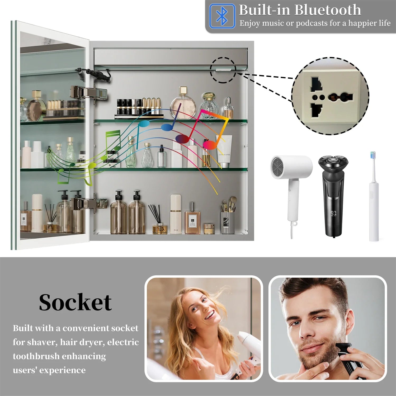 60/70CM Illuminated LED Wall Mirrored Bathroom Storage Medicine Cabinet with Shaver Socket, Bluetooth Speaker Anti-Fog