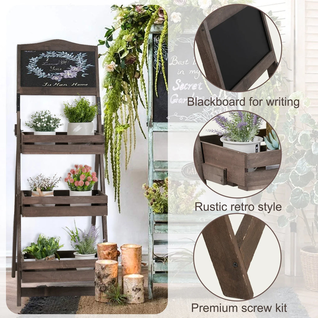 Folding Ladder 3 Tier Plant Stand Garden Flower Pot Holder Shelf with Chalkboard  A-Frame Sidewalk Menu Display