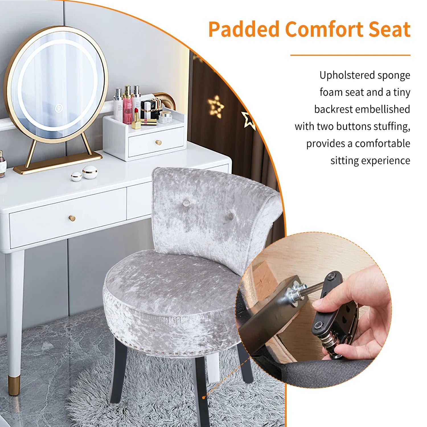 Crushed Velvet Vanity Stool, Dressing Table Chair, Bedroom Makeup Chair with Backrest, 2 Colors