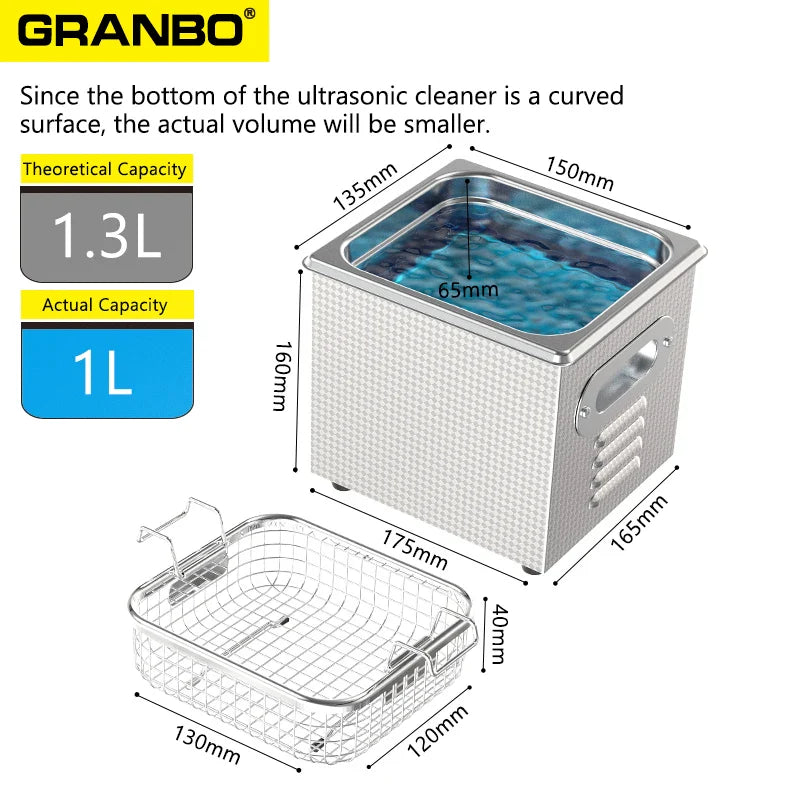 Granbosonic Ultrasonic Cleaner 800ML 1L 40KHz 35W 60W Easy Operation Jewelry Glasses Makeup Washer Bath New Design