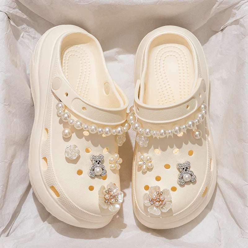 Pearl Chain Chunky Platform Sandals Women 2025 Summer Thick Bottom Beach Clogs Shoes Woman Fashion Flower Decor EVA Garden Shoes
