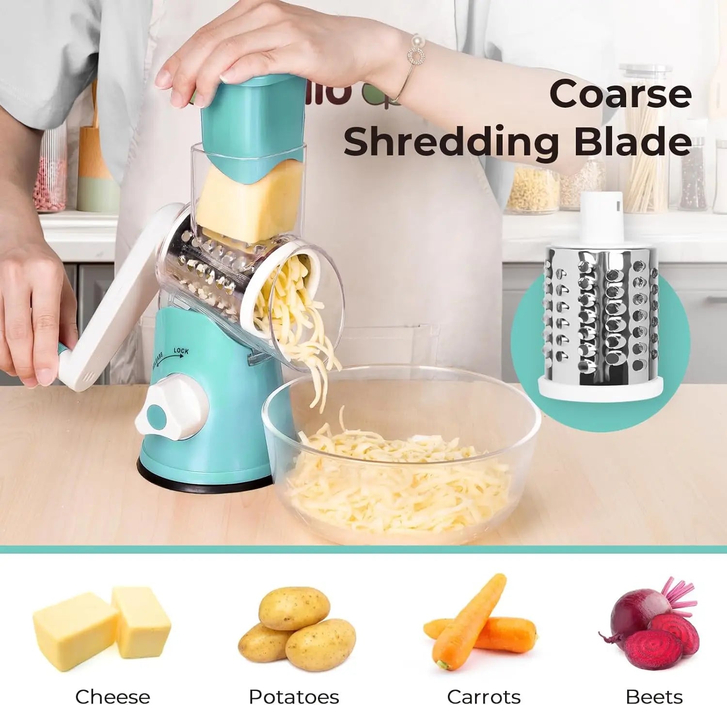 Manual Rotary Cheese Grater Shredder Kitchen Mandoline Vegetable Slicer with 3 Replaceable Stainless Steel Drum Blades YY001