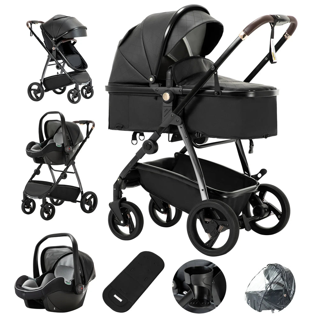 Baby stroller 3 in 1 Baby carriage Portable luxurious travel pram High landscape newborn baby stroller with baby carrier PU