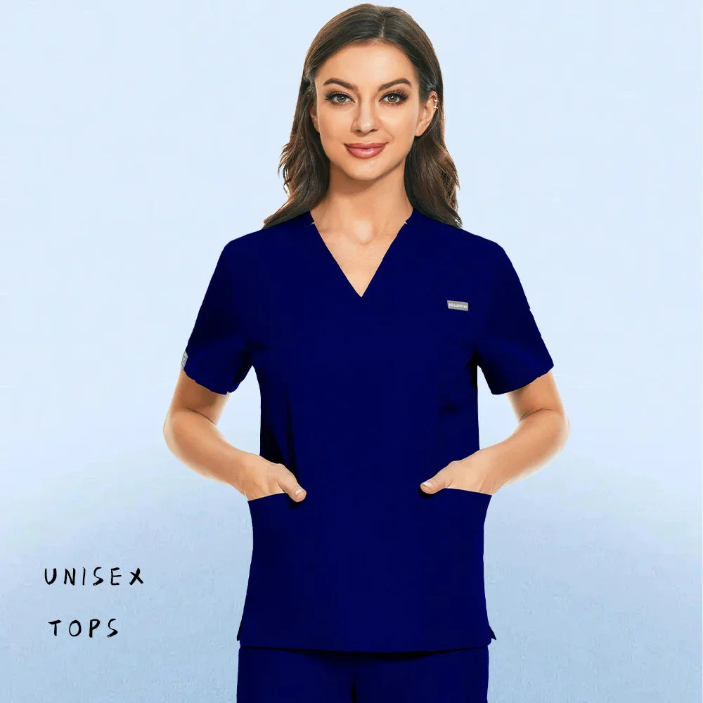 Hospital Nursing Uniform Surgery Scrubs Tops Women Short Sleeved Shirts Dental Clinic Workwear Nurse Blouse Doctor Clothes Black