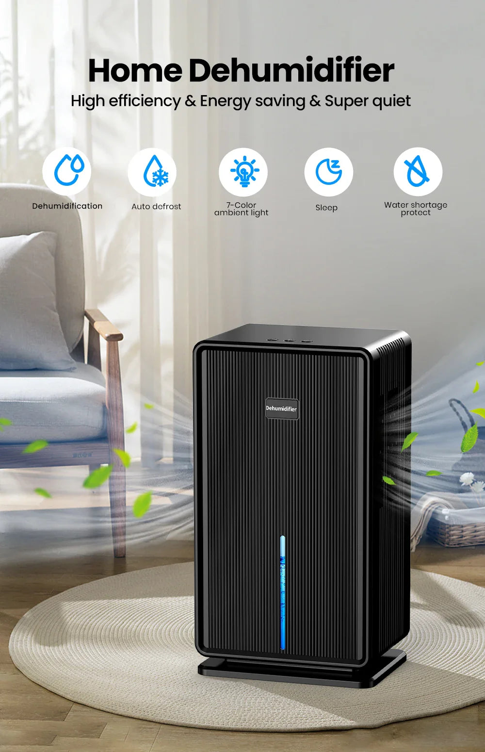 Home Dehumidifier, 750 sq. ft. bathroom dehumidifier, 100 oz dehumidifier, 7 colors night light, auto shut off, sleep mode