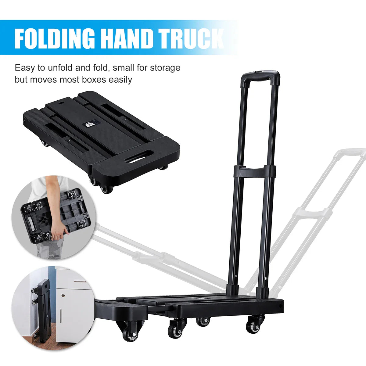 Folding Hand Truck 6 Wheel 200KG Capacity Heavy Duty Trolley Portable Telescopic Handle Cart Luggage Travel Moving Shopping Cart