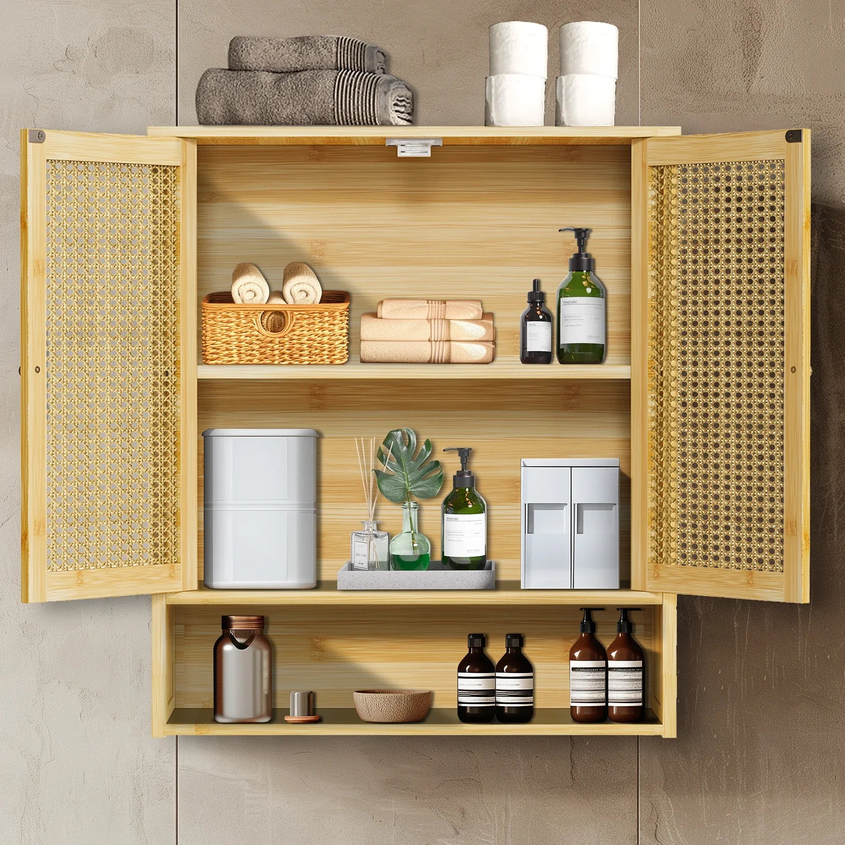 Bathroom Cabinet Wall Mounted Bamboo Storage Organizer Medicine Cabinet Unit Kitchen Shelf