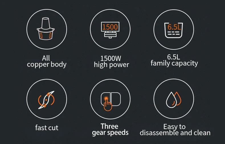 1500W 6.5L Stainless Steel Kitchen Meat Grinder 3 Gears Powerful Motor 4-Layer Blade Vegetable Crusher Onion Garlic Grinder