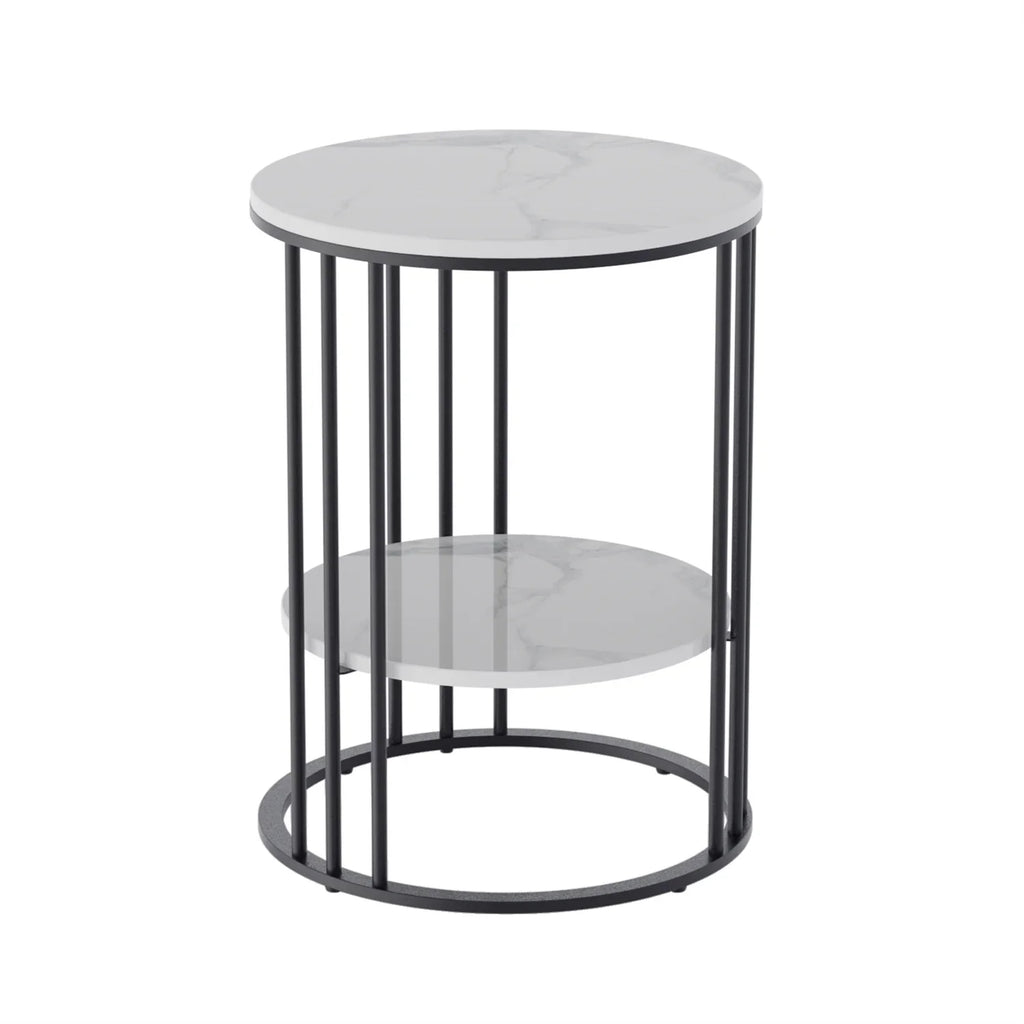 2 Tier Sintered Stone End Table Round White Sofa Side TableSmall Coffee Table with Black Frame - Modern Bedside Nightstand