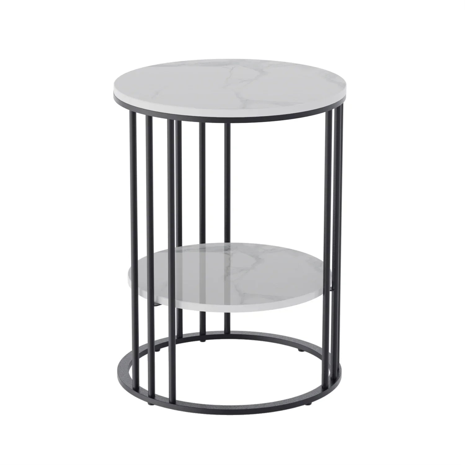 2 Tier Sintered Stone End Table Round White Sofa Side TableSmall Coffee Table with Black Frame - Modern Bedside Nightstand