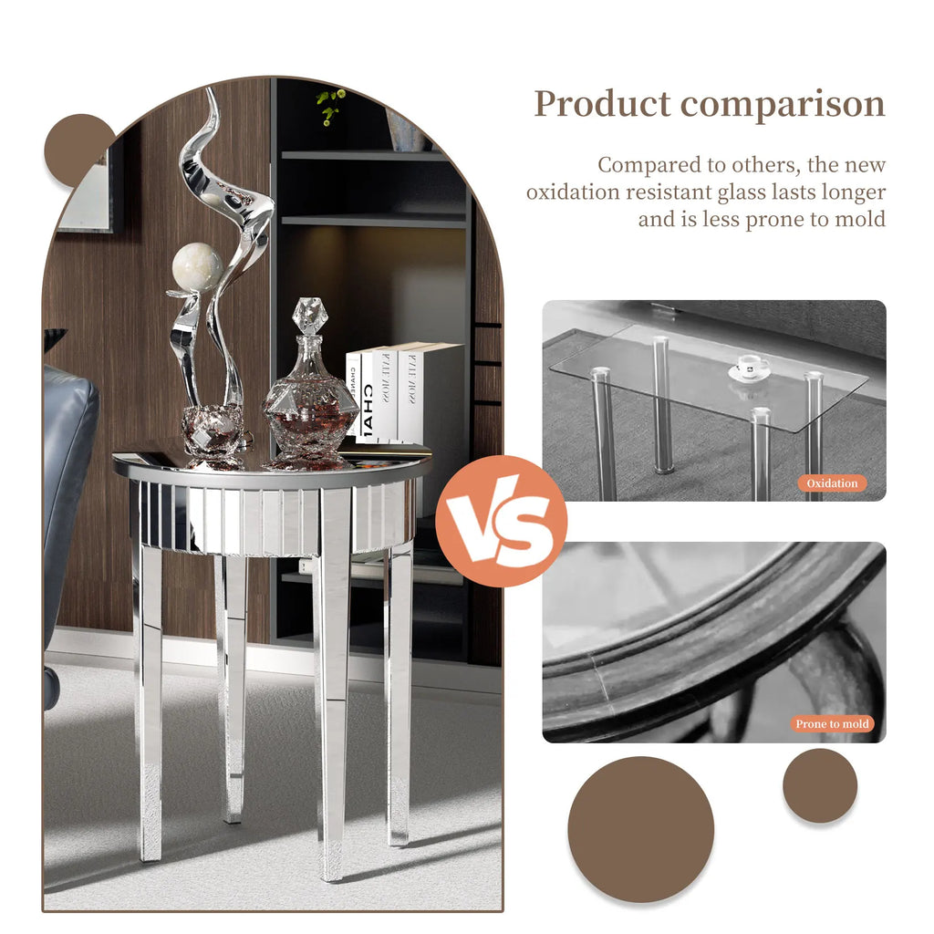 Mirrored Side End Table with Geometric Legs, Modern Furniture for Hallway, Living Room and Bedroom