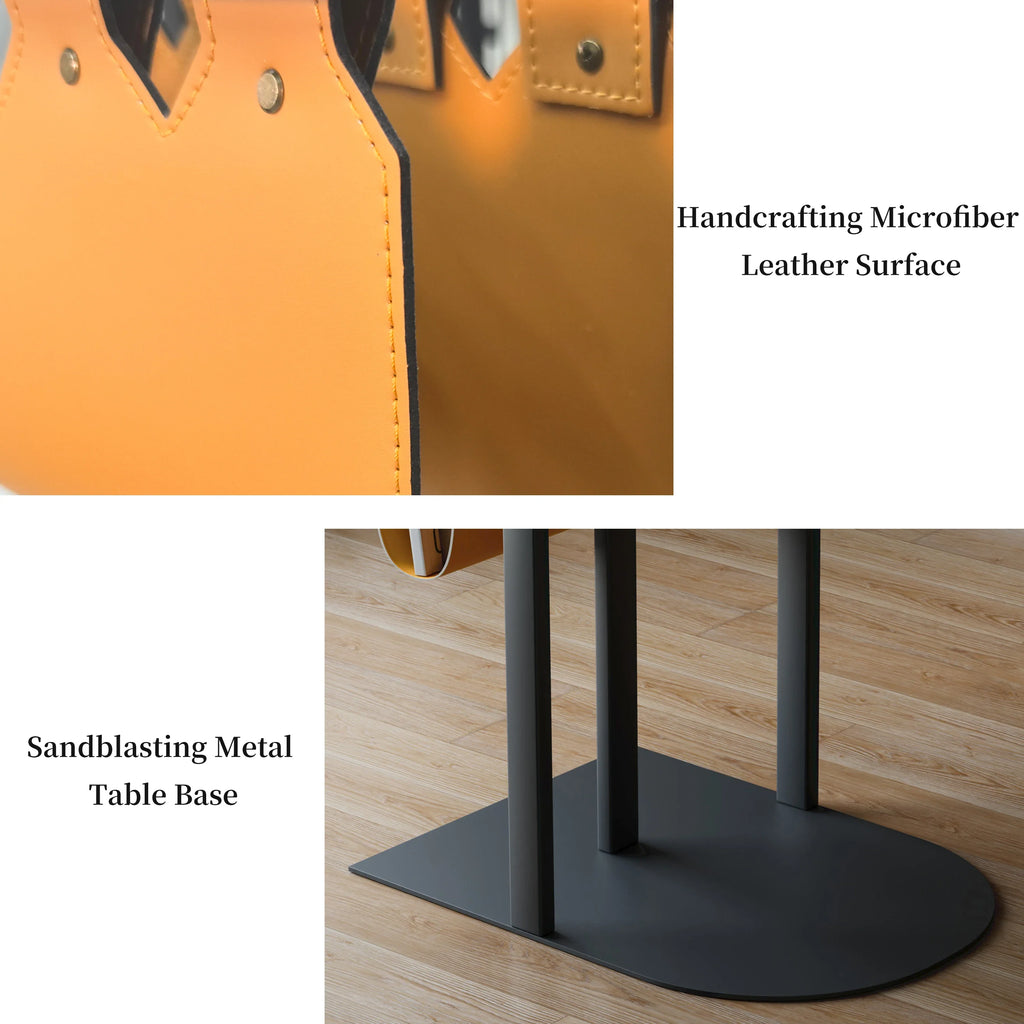 Light-Luxury Narrow Sofa Side Table, Saddle Leather Top, Bedside End Table, Magazine Rack for Living Room and Bedroom