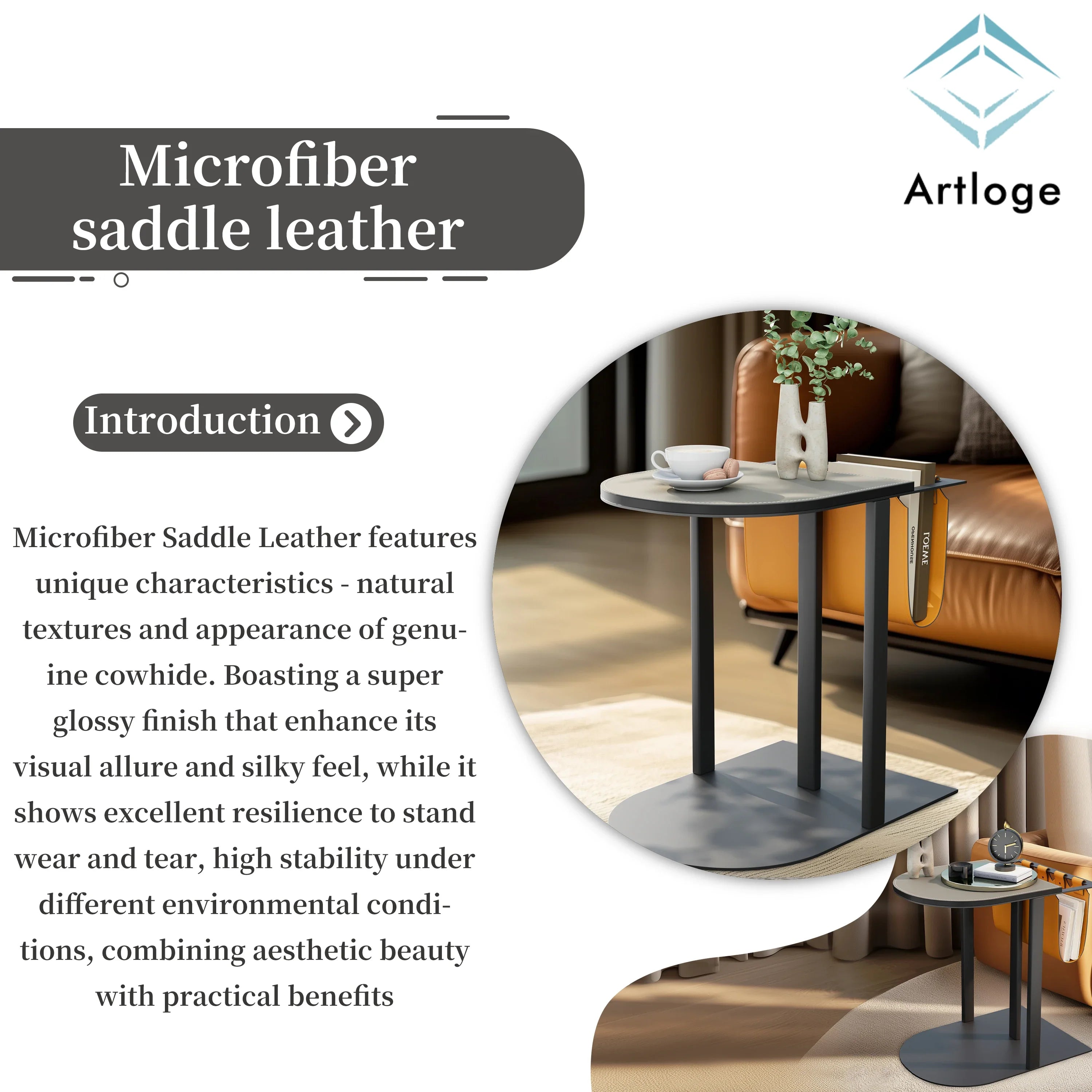 Light-Luxury Narrow Sofa Side Table, Saddle Leather Top, Bedside End Table, Magazine Rack for Living Room and Bedroom