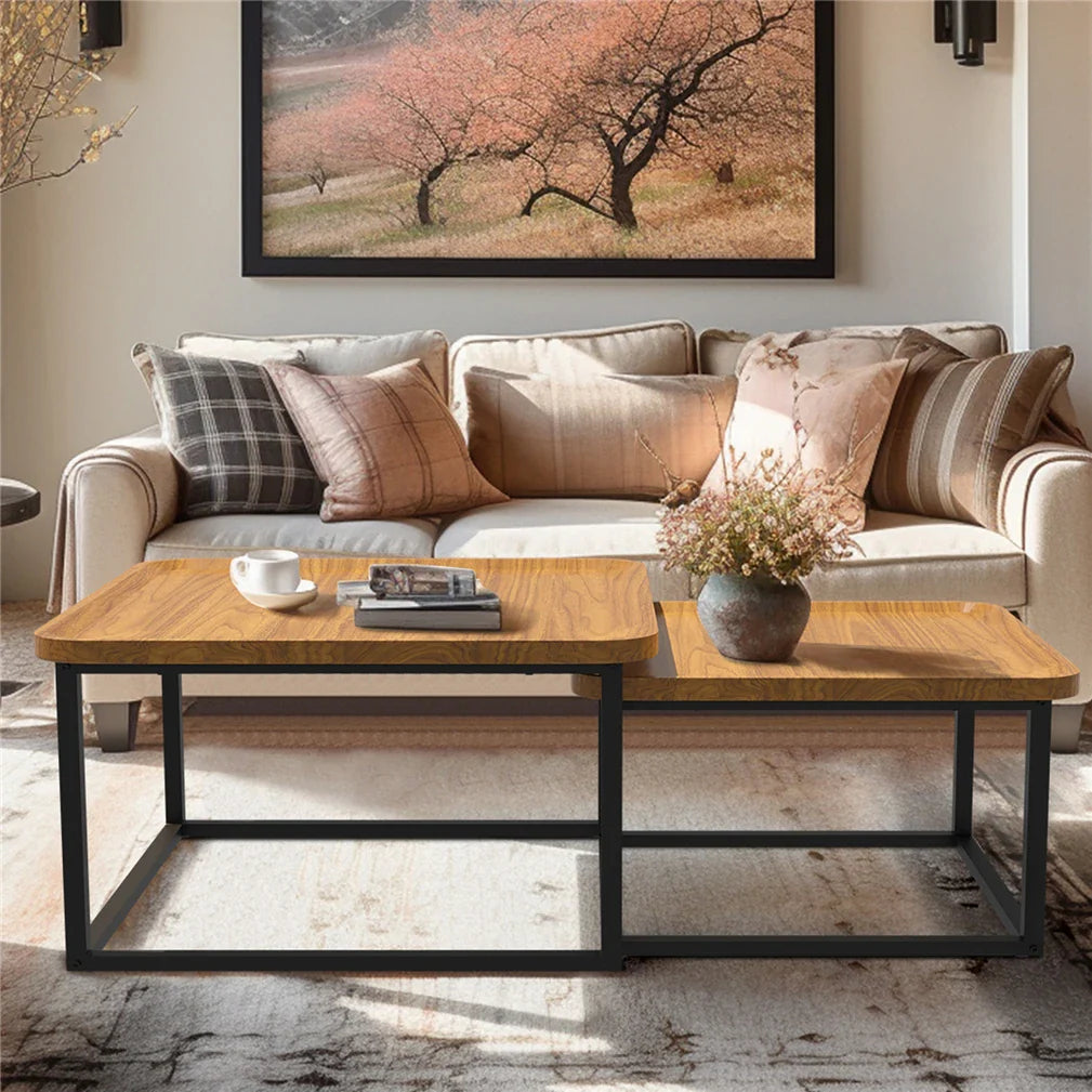 2PCS Industrial-inspired Coffee Table Set Stacking Vintage Side End Table Space Saving Living Room Furniture