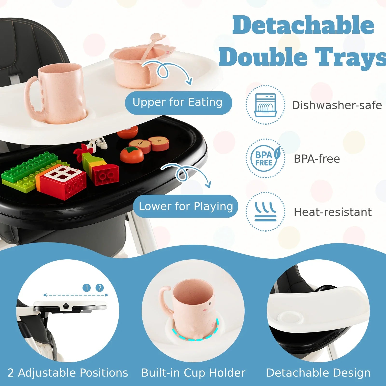 GOFLAME Foldable Baby High Chair Feeding Chair With Recline Backrest Detachable Trays