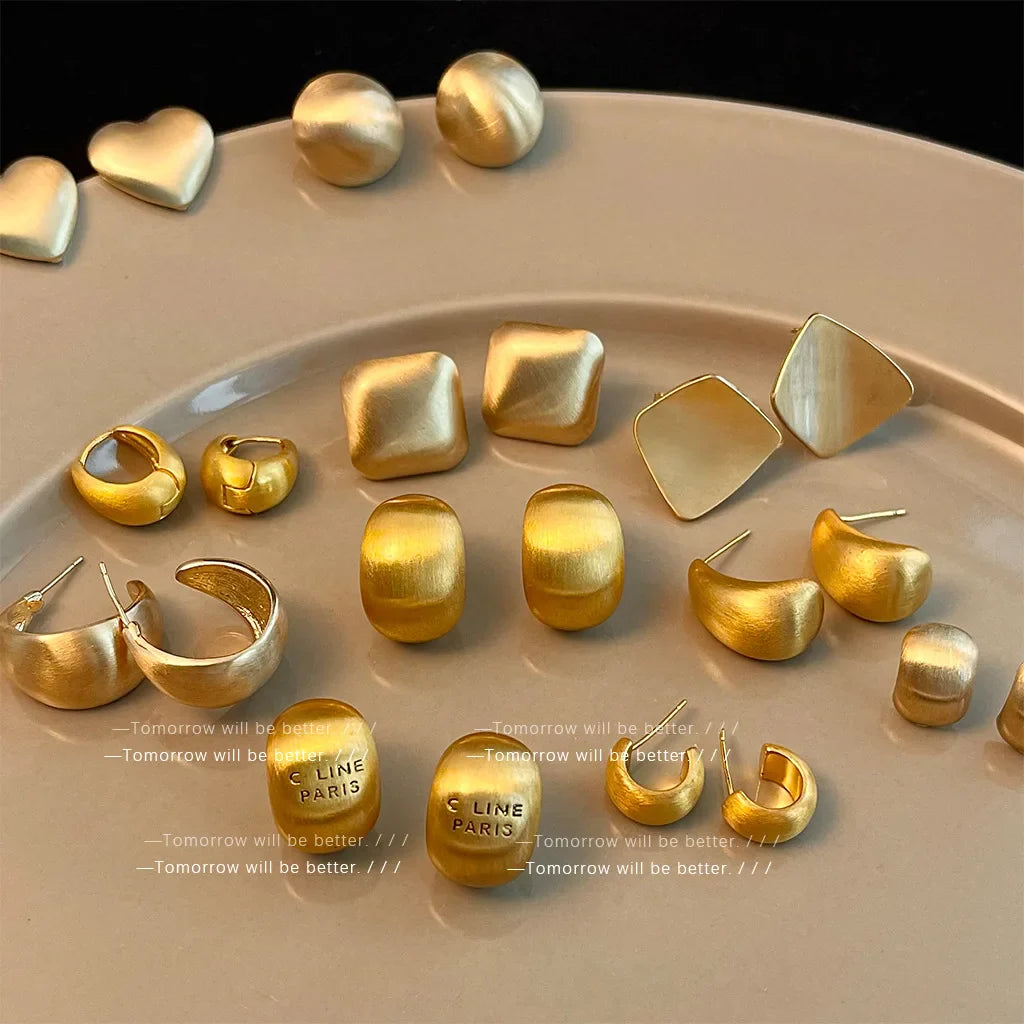 Trendy Brushed Matte Texture Geometric Earrings for Women Japanese and Korean Fashion Temperament Light Luxury Versatile Earring