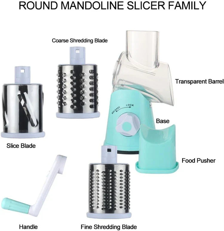 Manual Rotary Cheese Grater Shredder Kitchen Mandoline Vegetable Slicer with 3 Replaceable Stainless Steel Drum Blades YY001