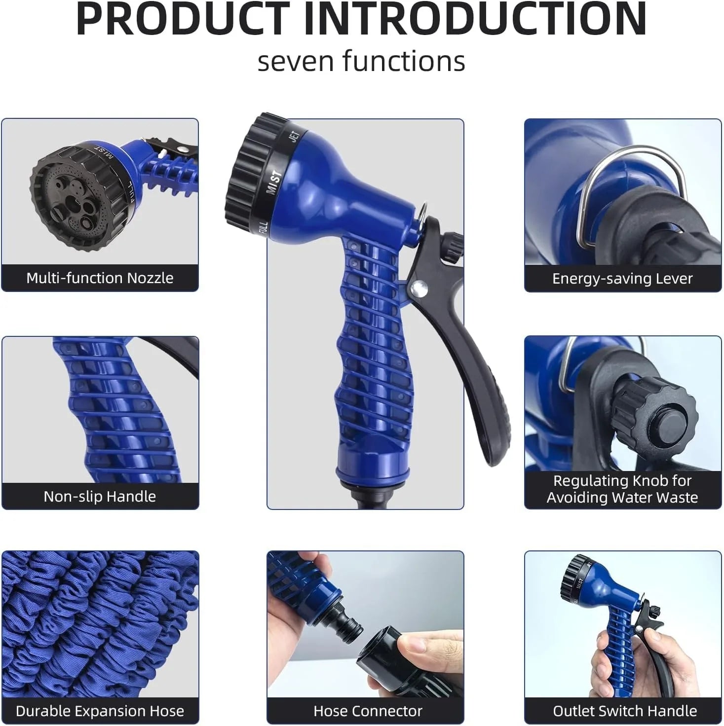 100ft Expandable Garden Hose, Flexible and Lightweight Water Hose with High Pressure Nozzle, Durable and Tangle-Free (Blue)