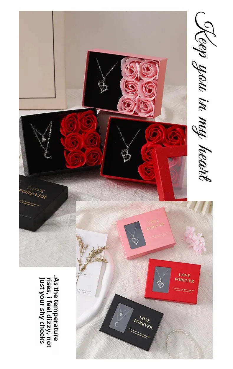 Valentine's Day Jewelry Gift Packaging Box  6 Rose Pendants Ring Bracelet Eternal Flower Window Opening Jewelry Box Romantic Bag