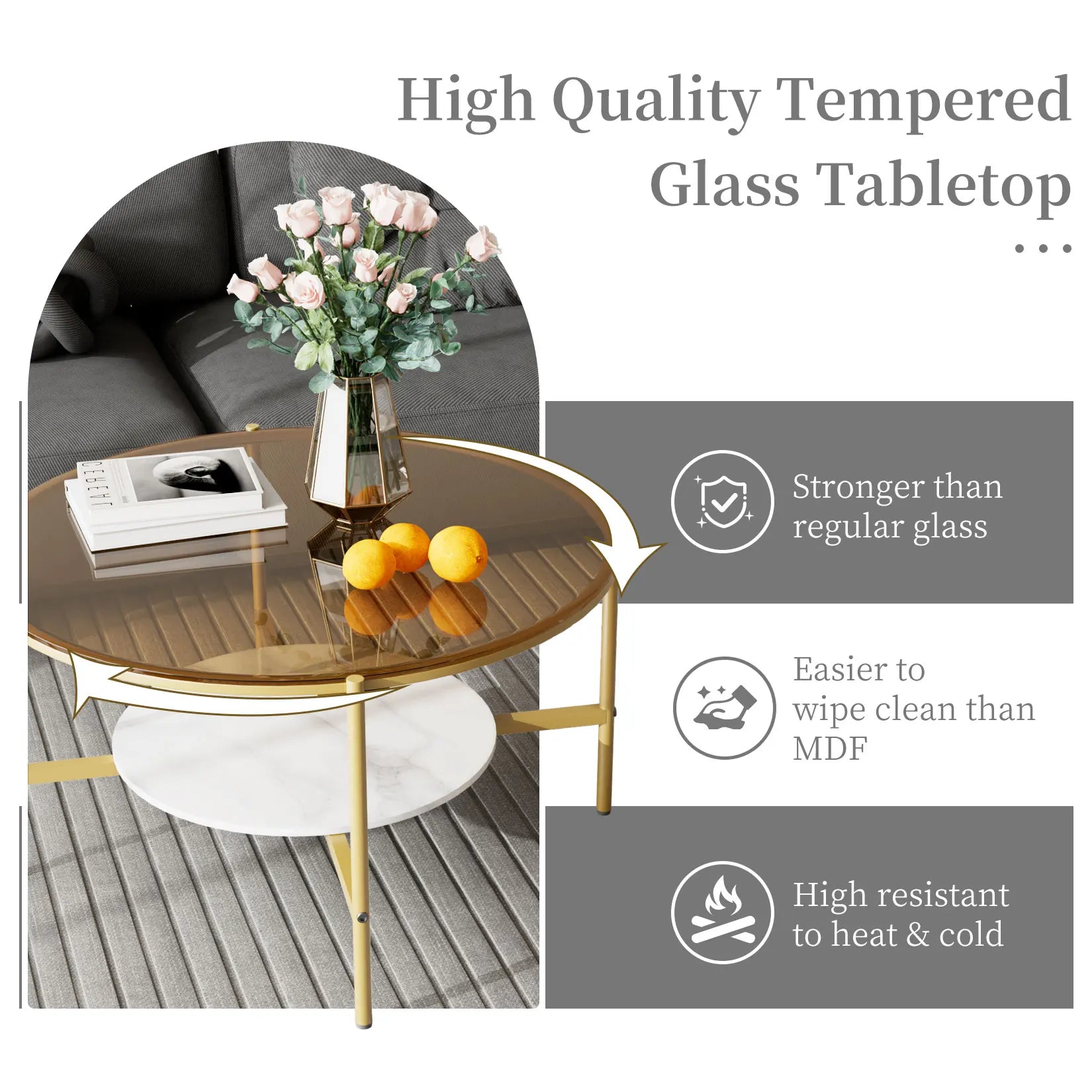 Glossy Glass Coffee Table, Centre Table with Slate Shelf, Minimalist Furniture, Living Room Tea Table, 2 Tier