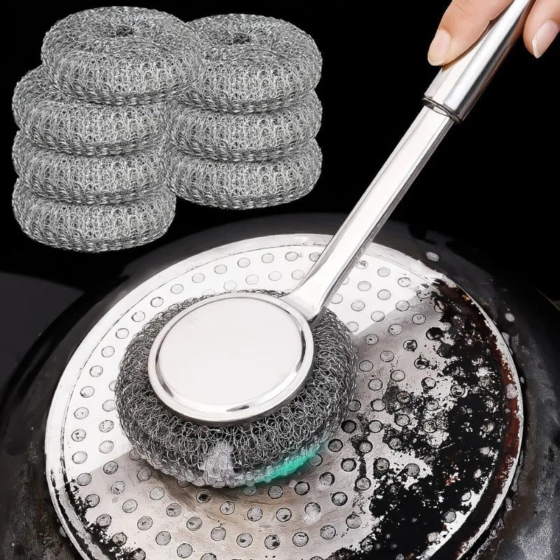 Stainless Steel Wire Brush with Long Handles Kitchen Replacement Steel Wool Wire Ball Dishwashing Brush Sink Countertop Cleaning