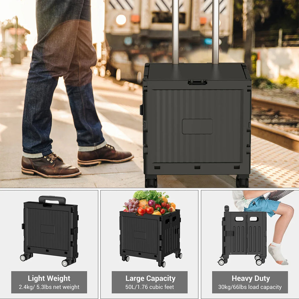 Foldable Utility Cart Mobile Folding Cart with Lid 360°Rotate Large Capacity Portable Shopping Hand Trolley for Travel Camping