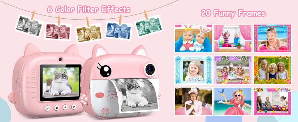 Kids Instant Print Camera 2.4 Inch 1080P Digital Camera Portable Cartoon Video Camera With 32GB Card & 5 Color Pens