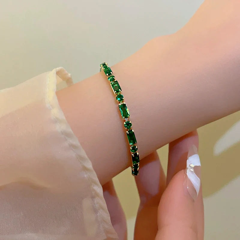 French Luxury Green Zircon Spliced Metal Copper Alloy Bracelet 2024 New Fashion Jewelry For Womens Party Charm Wrist Accessories