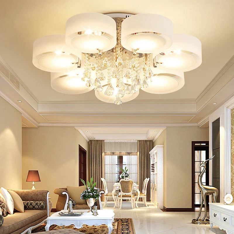 KOMORE Modern Round Acrylic LED Semi Flush Mount with Crystal Accent for Office, Living Room, Bedroom, Kitchen, Hallway, Porch