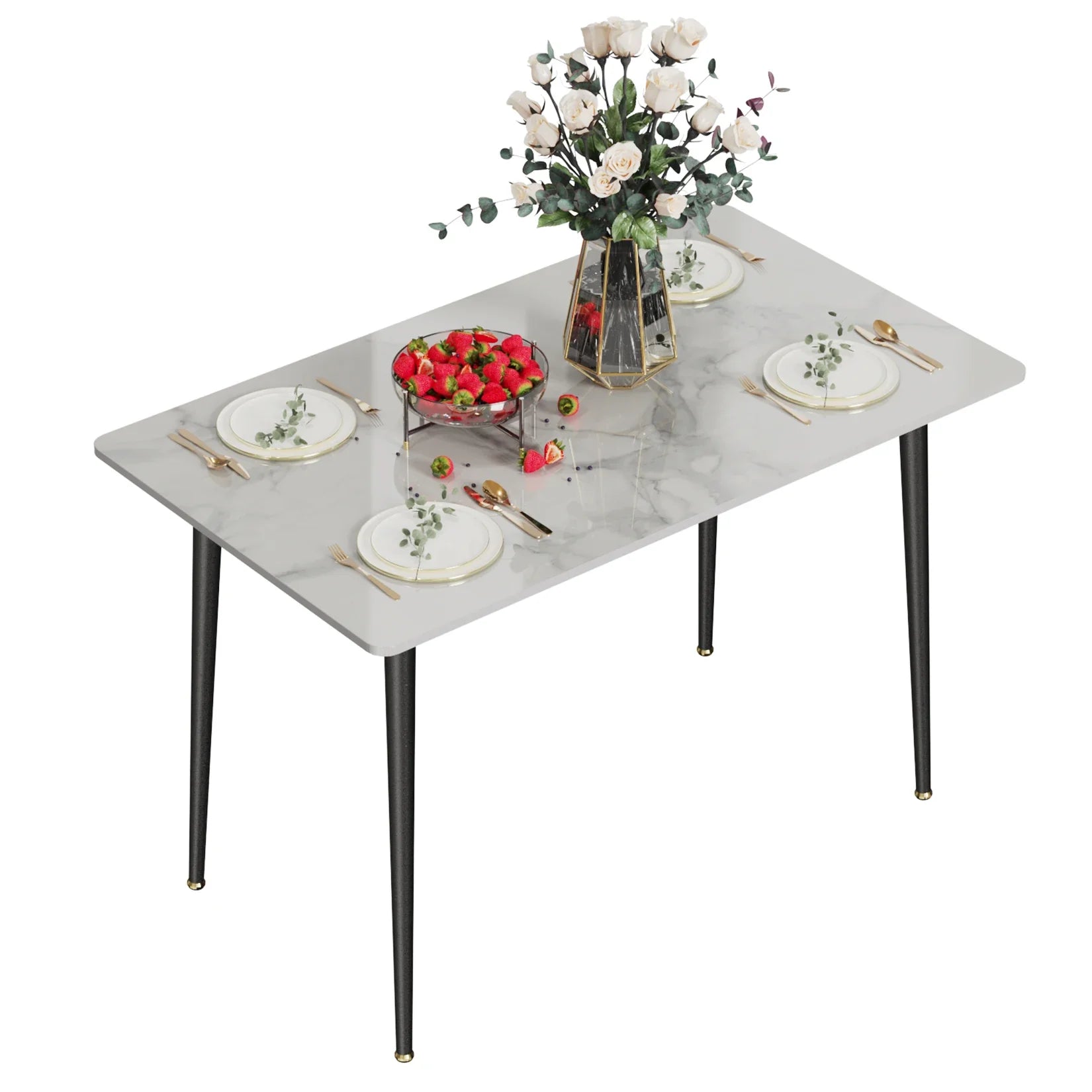 High Gloss 4-6 Seat Rectangular Marble Dining Table for Kitchen Island Restaurant Lunch Dinner Table Metal Frame