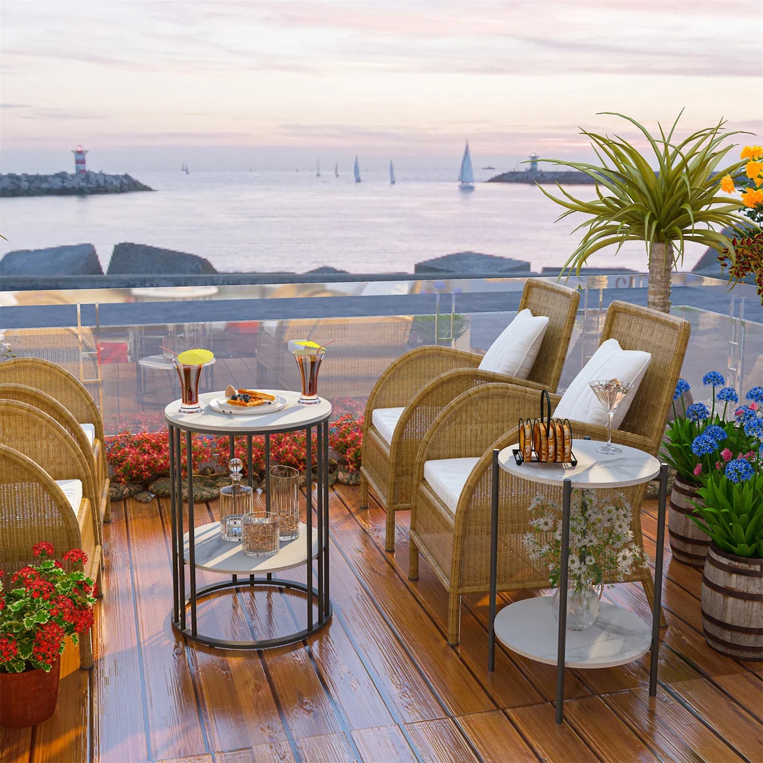 2 Tier Sintered Stone End Table Round White Sofa Side TableSmall Coffee Table with Black Frame - Modern Bedside Nightstand