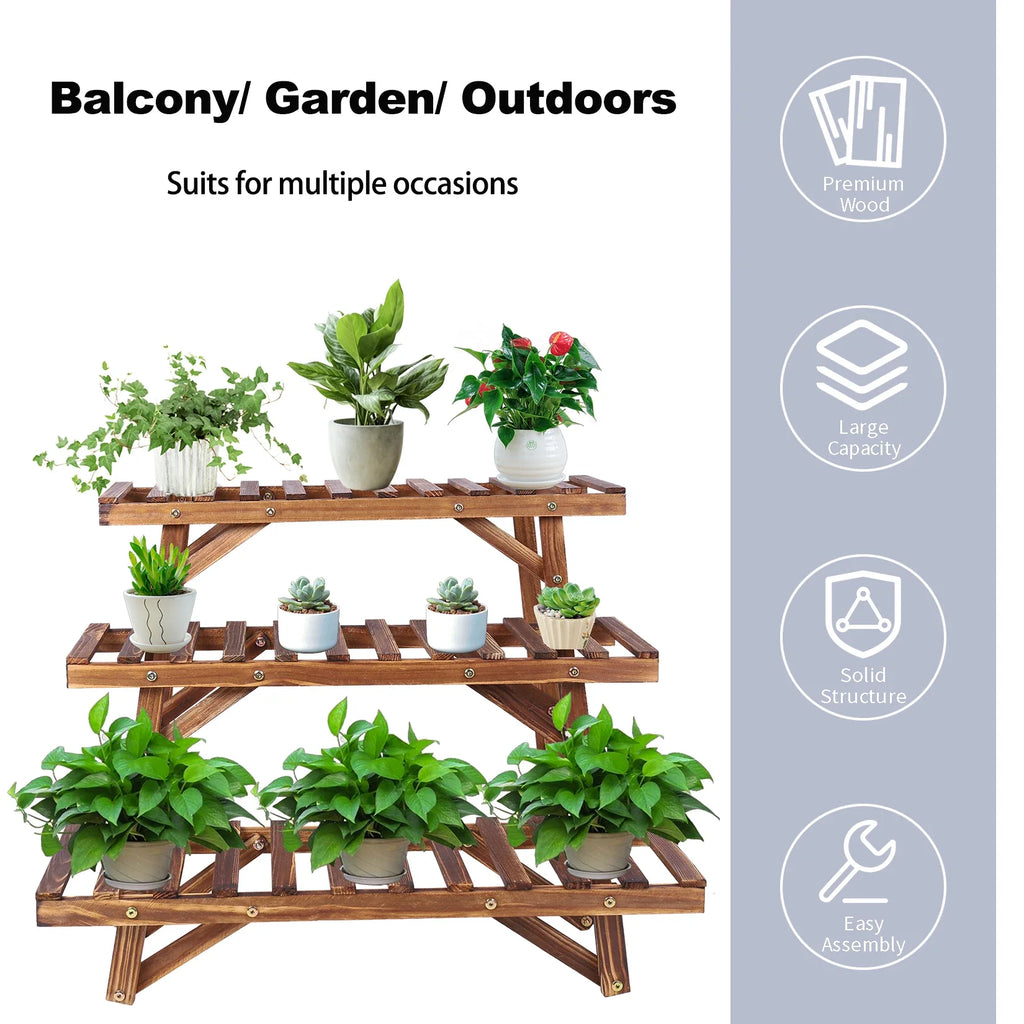 Large 3 Tier Step Plant Stand Wood Ladder Shelf Garden Display for Patio Indoor Outdoor Flower Pot Shelf