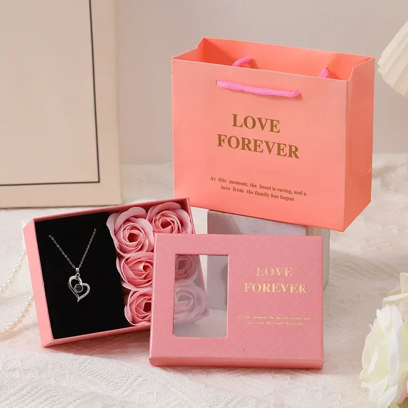 Valentine's Day Jewelry Gift Packaging Box  6 Rose Pendants Ring Bracelet Eternal Flower Window Opening Jewelry Box Romantic Bag