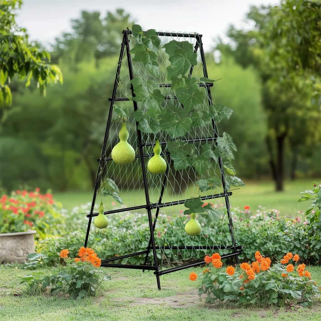 Metal A-Shaped Garden Arch Trellis for Climbing Plants Vegetable Cucumber Support Frame with Nylon Netting, Four Ground Spikes