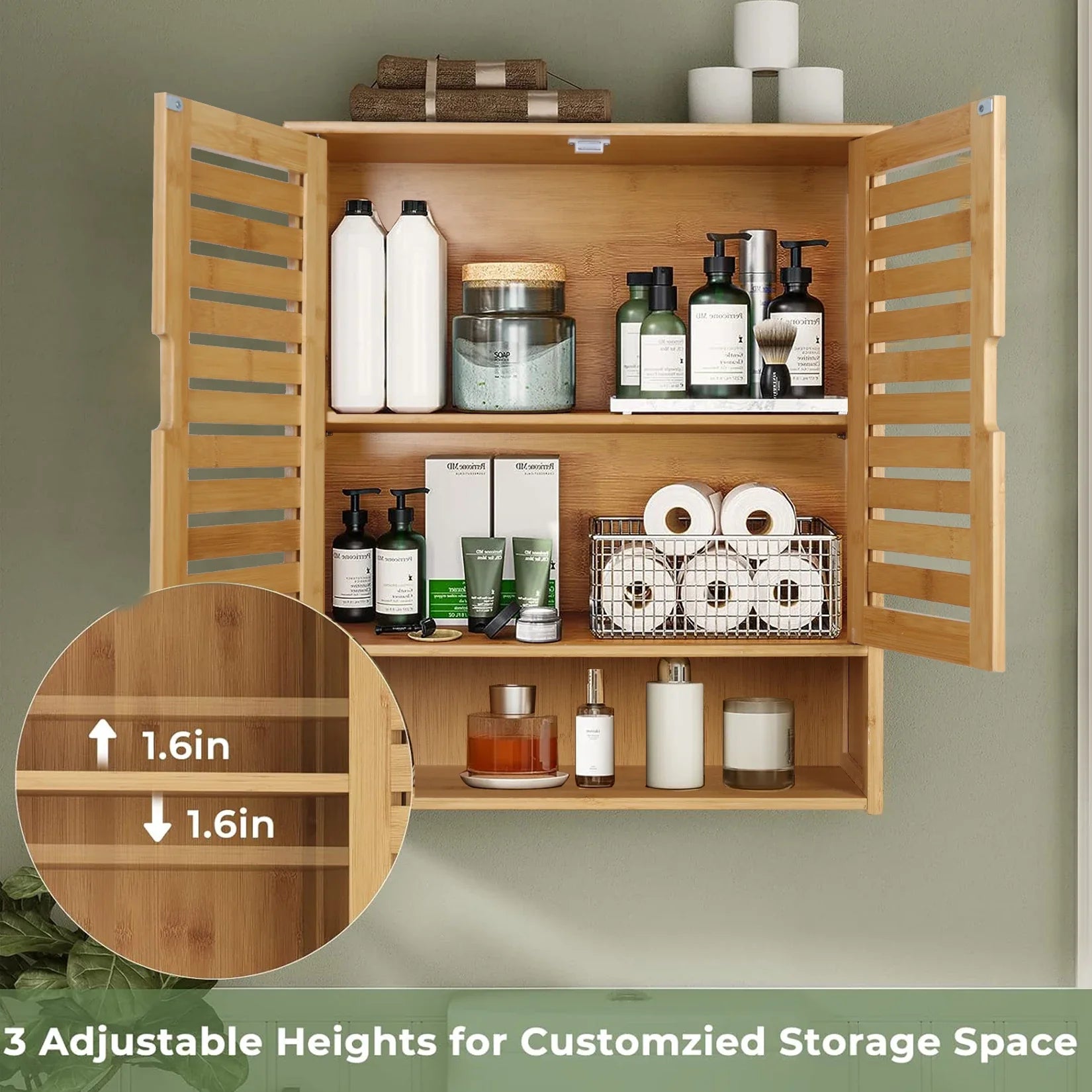 Natural Bamboo Wall-mounted Bathroom Cabinet, Kitchen Cupboard, Storage Organizer, Adjustable Shelf