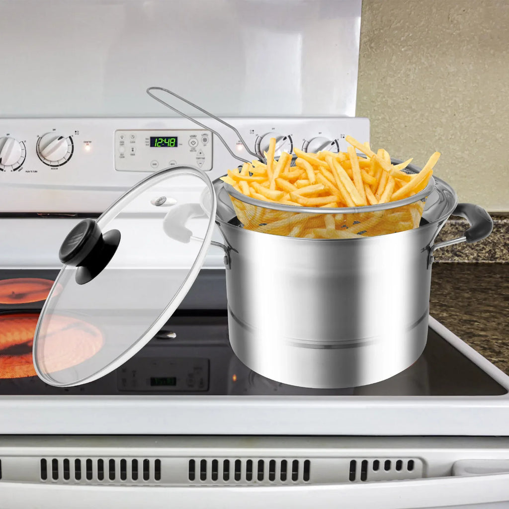 Deep Fryer Pot with Strainer Basket Stainless Steel Fryer Pot Multifunctional Deep Frying Pot for Cooking Chicken Wings Seafood