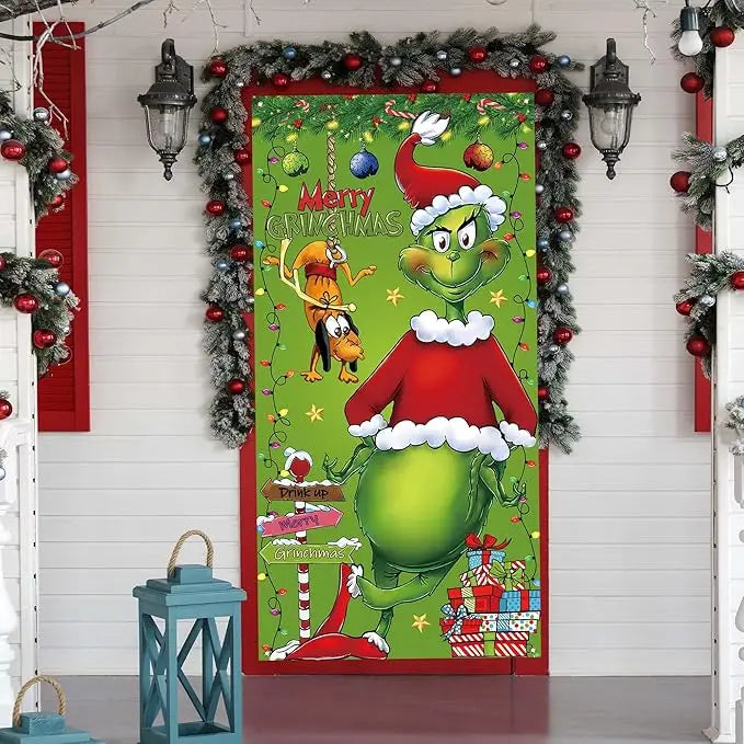 Christmas door banner, Christmas door hanging, Christmas decoration outdoor, Christmas background door hanging (green Grinch)