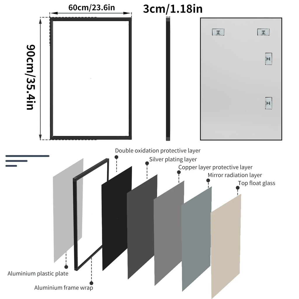 60x90CM Rectangular Wall Mounted Mirror Bathroom Bedroom Makeup Dressing Mirror Black Framed Horizontal or Vertical